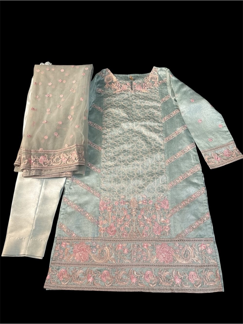 Women Kurta Bottoms - Pastel Mint Green Embroidered Set